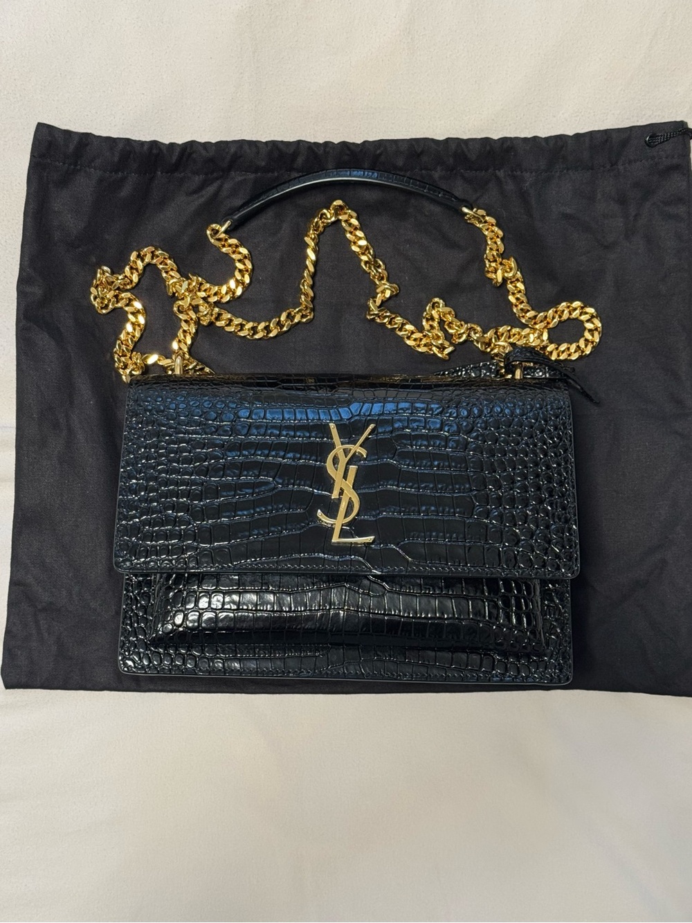 SAINT LAURENT YSL Medium Sunset Bag Croc Embossed Leather with Gold HDW - Picture 3 of 8